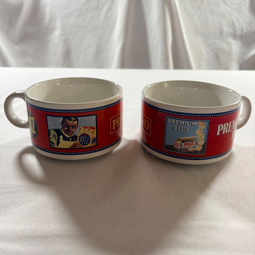 Vintage Ritz Premium Plus Soup Mugs Set of 2 Ceramic Red White Blue Advertising